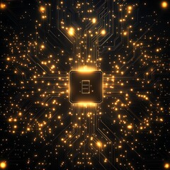 Wall Mural - golden symmetrical circuits across a dark background with a glowing central ai chip and subtle light