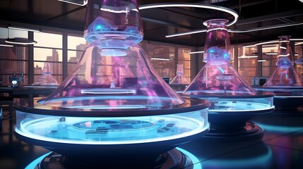 Futuristic laboratory setting featuring cutting edge technology glowing holograms and an array of high tech scientific equipment creating an immersive and innovative workspace for research
