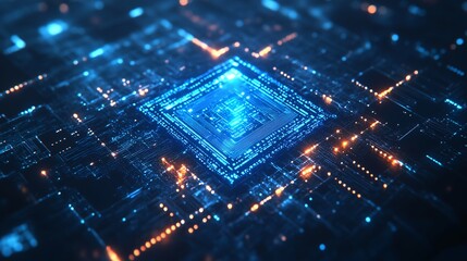 Wall Mural - abstract digital cpu chip with glowing light blue circuits on a clean dark blue background, symboliz