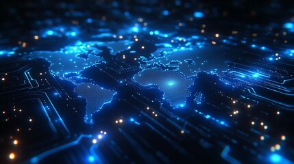 Wall Mural - abstract futuristic world map with glowing blue circuit lines connecting global nodes, ideal for tec