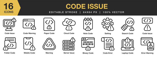 Wall Mural - Code Issue icon set. Editable Stroke Icon Collection. Includes code, technology, data, computer, software, and More. Outline icons vector collection.