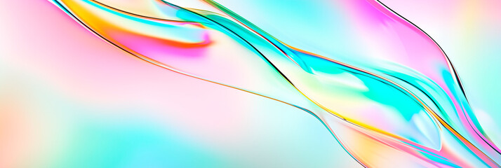 Wall Mural - Abstract liquid glass holographic Iridescent wavy melted substance. 3d render of smooth forms. Modern design. Futuristic Banner, background, wallpaper cover, social media post. Generative Ai content