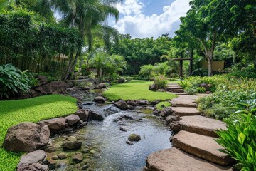 Wall Mural - Tropical garden path, stream, lush foliage, peaceful retreat, nature escape