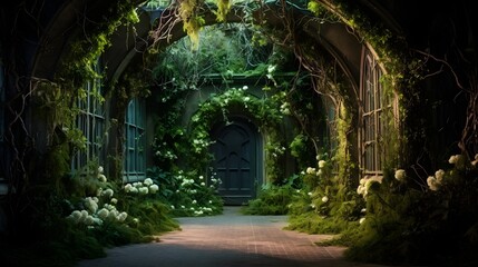 Poster - Enchanting green tunnel created by a tangle of lush hanging vines in a serene verdant forest landscape  The overgrown passageway offers a magical and tranquil path through the natural environment