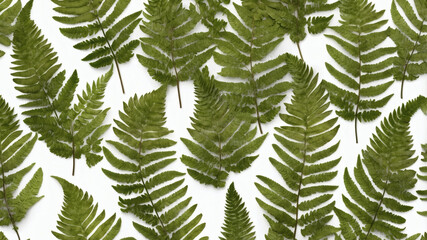 A collection of pressed fern leaves arranged in a repeating pattern against a white backdrop. The intricate details of each leaf are clearly visible.