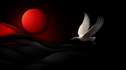 Wall Mural - Serene Sunset Flight: A White Crane Soaring Over Crimson Waves