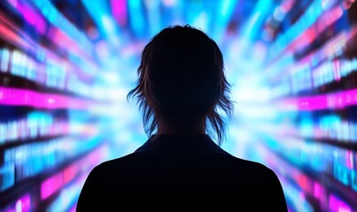 Woman facing digital future; data streams blur.  Use Tech, innovation concept