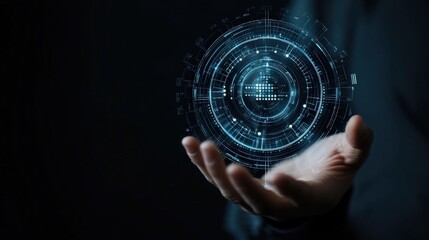 Fototapete - Hand Holding Futuristic Holographic Interface with Technology Symbols