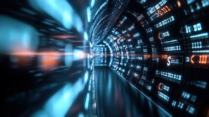 Fototapete - Futuristic Data Tunnel with Glowing Binary Code and Light Effects