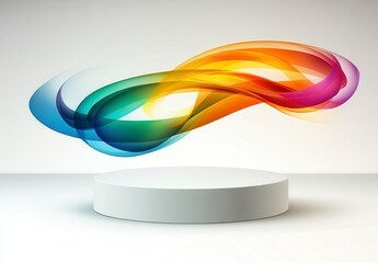 Poster - Abstract rainbow colored translucent shapes float above a white cylindrical pedestal against a light gray background. The image evokes a sense of