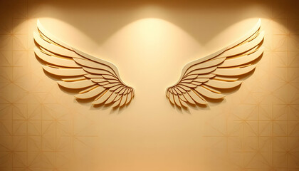 gold wings, angel wings, wall sculpture, 3d relief, spotlights, textured background, symmetrical des