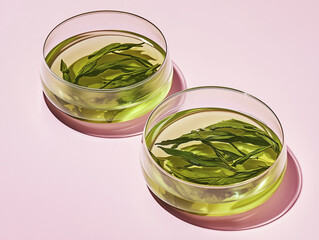 Two petri dishes with green tea leaves floating in clear liquid, showcasing serene and refreshing aesthetic