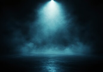 Poster - Dark blue and black background with a spotlight creating a misty, reflective surface. The light source is bright, casting dramatic shadows and