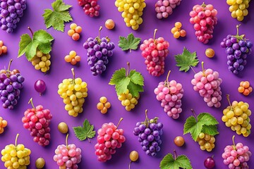 Wall Mural - Vibrant Grape Cluster Top View: Colorful Pattern on Purple Background - Stock Photo