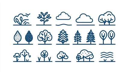 simple, line-drawn nature icons featuring trees, rivers, and clouds, perfect for eco-friendly design