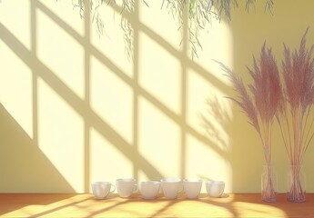 Poster - Five white ceramic cups sit on a wooden surface, bathed in sunlight streaming through a window. Dried plants stand to the right, casting shadows on