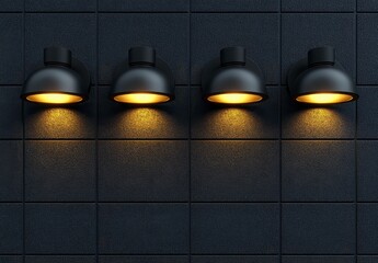 Sticker - Four illuminated black dome shaped wall lights are mounted on a dark textured wall. Warm yellow light softly illuminates the dark background