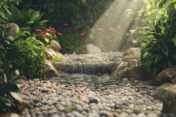 Wall Mural - Sunlit stream flows through lush garden; peaceful nature scene, ideal for relaxation or wellness content