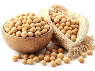 Soybean harvest in wooden bowl and burlap sack on white background still life composition