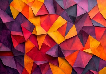 Fototapete - Abstract geometric low-poly background with vibrant red, orange, and purple color triangles.