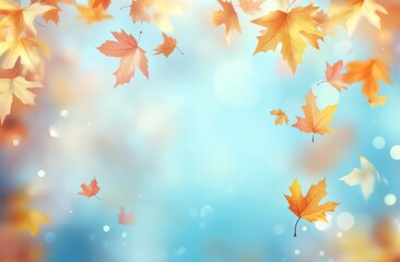 Autumn leaves falling, blue sky, bokeh background, design