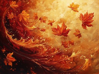 Wall Mural - Autumnal Leaves Swirl in a Golden and Red Abstract Painted Scene with Textured Brushstrokes