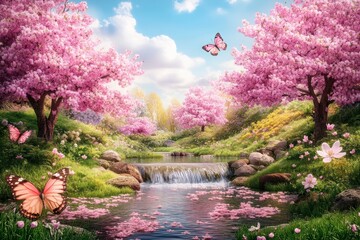 Wall Mural - Spring blossoms, tranquil waterfall, idyllic garden scene, peaceful nature backdrop