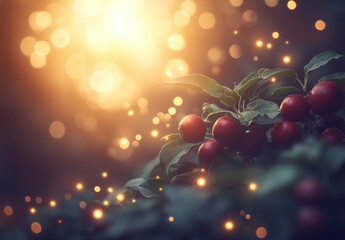 Poster - Close up of red berries on a branch, illuminated by warm, golden light with bokeh effect. Dark green foliage and sparkling lights create a magical