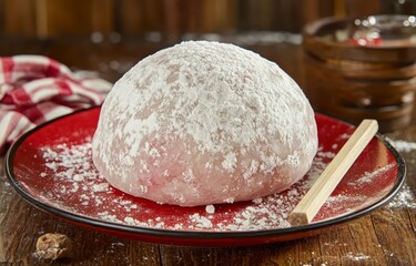 Wall Mural - Large round mochi dusted with powdered sugar, rests on a red plate with chopsticks, set against a rustic wooden background