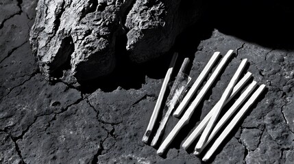 Canvas Print - Cracked Earth with Wooden Sticks Abstract Monochrome Photo