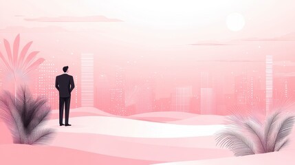 Wall Mural - A man in a dark suit stands overlooking a pink cityscape at dawn or dusk. The scene is rendered in a pixelated, minimalist style with soft lighting