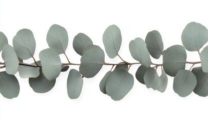 Wall Mural - Silver gray eucalyptus branch with round leaves, isolated on white background. Detailed image showcasing texture and color of foliage. Perfect for