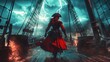 © Ahmed - Pirate Queen: A fierce pirate queen in a red and black pirate outfit, standing on the deck of a ship with a stormy sea and lightning in the background