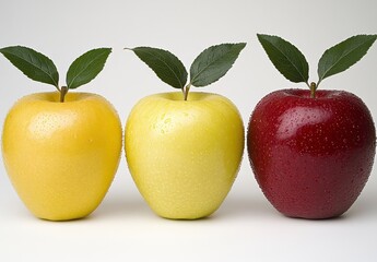 Wall Mural - Three apples of varying colors; yellow, light yellow and red, arranged in a row against a white background. Each apple has a green leaf on top and