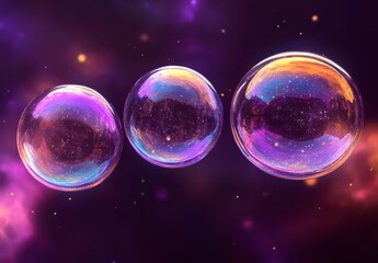 Poster - Three iridescent soap bubbles float against a dark purple and pink nebula background. The bubbles reflect the cosmic scene, creating a dreamy