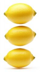 Wall Mural - Three ripe yellow lemons arranged vertically against a bright white background. Close up studio shot with soft lighting, highlighting the texture of