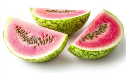 Wall Mural - Three slices of watermelon with red flesh and green rind, arranged on a white background. The seeds are visible within the juicy fruit. The slices