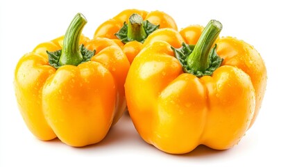 Wall Mural - Three vibrant yellow bell peppers with water droplets, arranged on a bright white background. Close up studio shot showcasing fresh produce