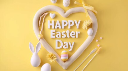 Wall Mural - Happy Easter Day Celebration with Decorations, Eggs, and Festive Elements on Yellow Background