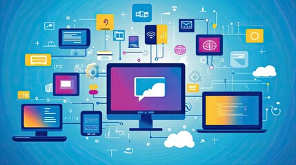 A concept of cloud computing, with data streams flowing between multiple digital devices in a business setting.