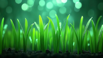 Wall Mural - Close up of vibrant green sprouts emerging from dark soil against a bokeh background of green and white lights. Image evokes themes of growth, new