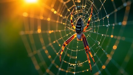 Blurred silhouette of a spider in a web on a blurred natural green background. Selective focus. High quality photo, sunset