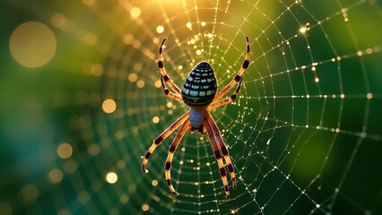 Blurred silhouette of a spider in a web on a blurred natural green background. Selective focus. High quality photo, sunset
