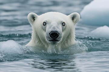polar bear swimming in cold arctic water with icebergs in the background wildlife nature