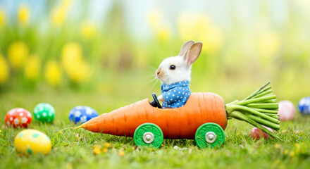 Wall Mural - Adorable Bunny Driving Carrot Car on a Colorful Easter Egg Meadow. Easter concept