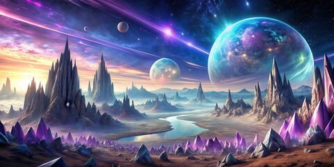 Wall Mural - a serene alien landscape featuring majestic peaks, a tranquil river, and luminescent celestial bodie