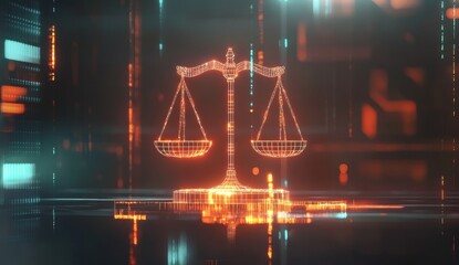 Digital scales of justice glowing in a futuristic setting.