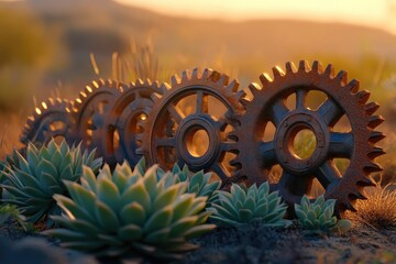 Rusty gears, bathed in golden sunset light, nestled amongst succulents.