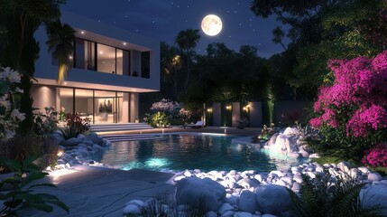 Wall Mural - Poolside View Of A Moonlit Luxury House, Backyard Oasis