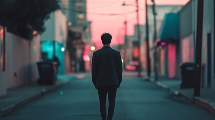 Man walks city alley, sunset glow, urban background,  lifestyle photography